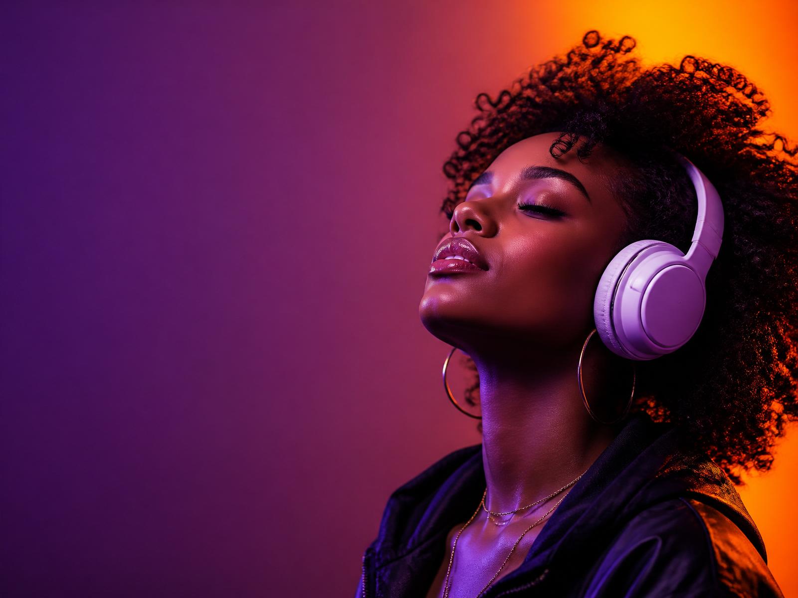 Listener wearing white headphones lit in LiveXtra orange and purple